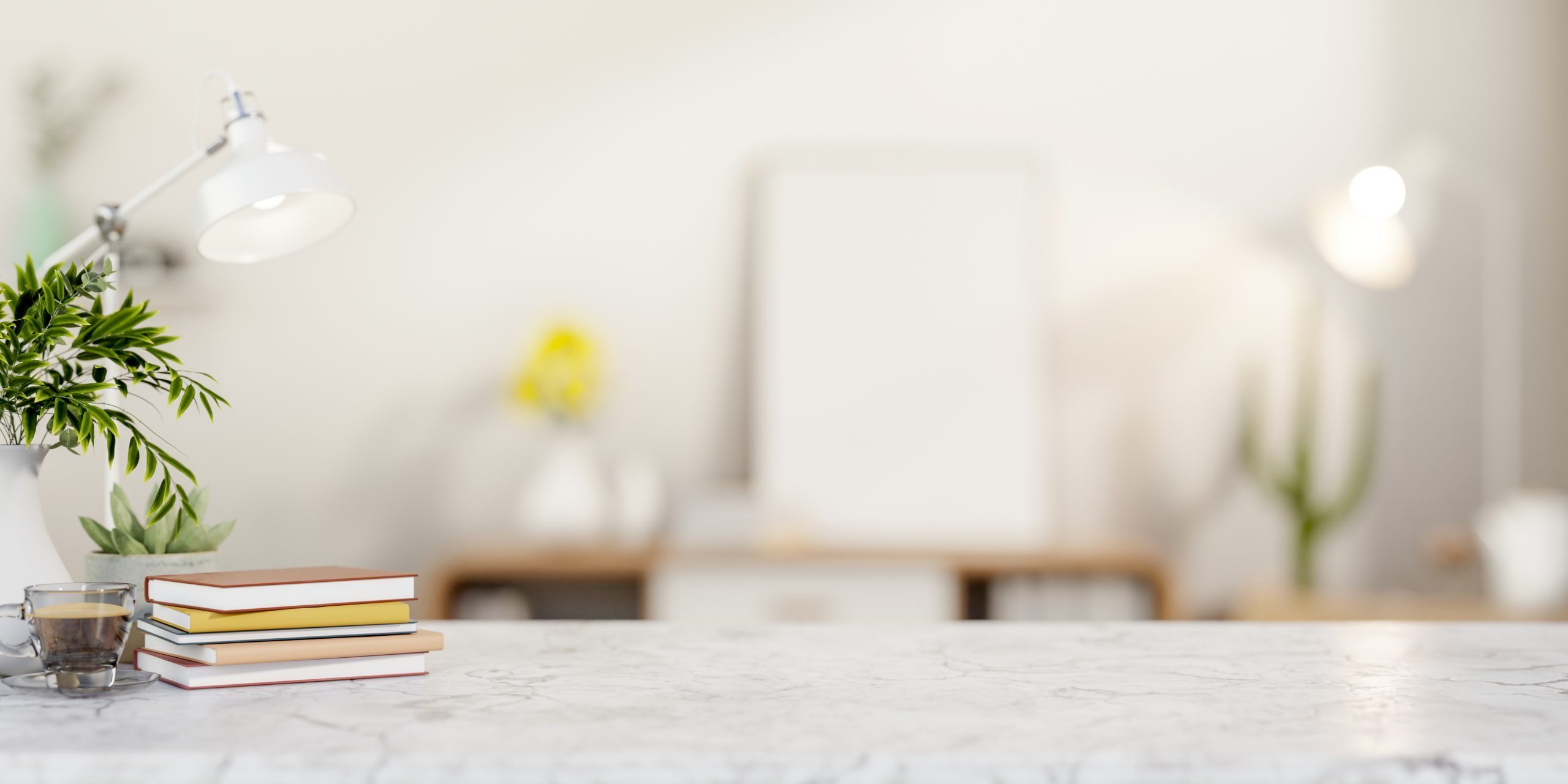 Books and coffee cup aside lamp and potted plant on white marble counter table in bright living room. Product Display, 3D Rendering, 3D illustration.